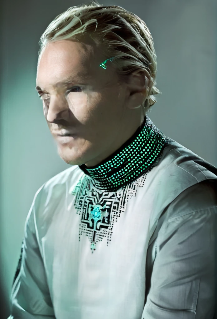 Matrix cyberpunk shirt blond man futuristic embroidery on a men's shirt, cyberpunk cyberpunk patterns are embroidered near the neck, sleeves without patterns, only a computer circuit is embroidered near the neck i mario testino style 