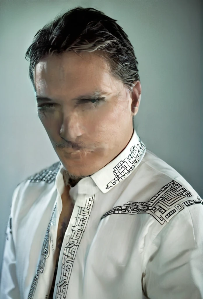 Matrix cyberpunk shirt blond man futuristic embroidery on a men's shirt, cyberpunk cyberpunk patterns are embroidered near the neck, sleeves without patterns, only a computer circuit is embroidered near the neck i mario testino style