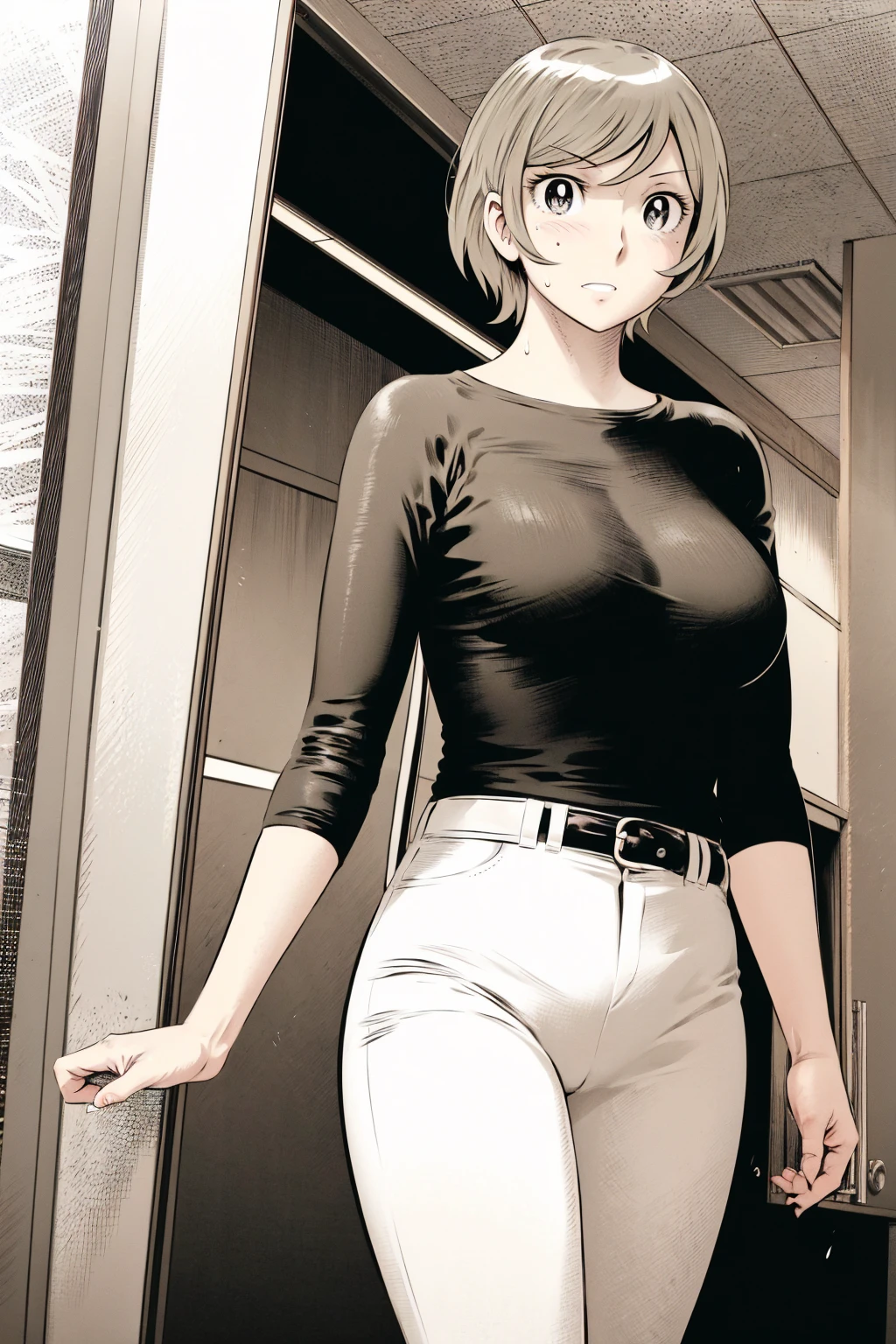 、(masterpiece、Highest quality)、Highest quality, Ultra-high resolution, (((masterpiece))), alone, Sweat、Big eyes,Tight black shirt、Tight white pants、belt、indoor、Composition from the front、（Cut the back hair short、short hair、blonde、woman）、Shortcuts、Embarrassed face、Cut your hair short、可愛いwomanの子、Big Breasts、office
