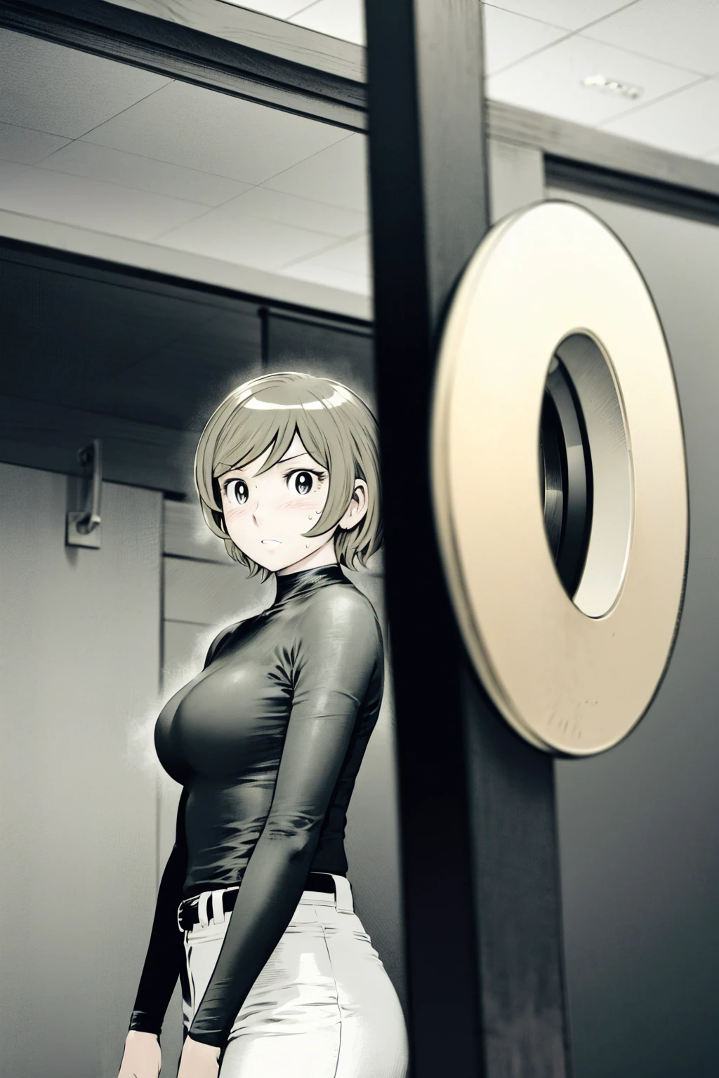 、(masterpiece、Highest quality)、Highest quality, Ultra-high resolution, (((masterpiece))), alone, Sweat、Big eyes,Tight black shirt、Tight white pants、belt、indoor、Composition from the front、(Cut the back hair short、short hair、blonde、woman)、Shortcuts、Embarrassed face、Cut your hair short、可愛いwomanの子、Big Breasts、office