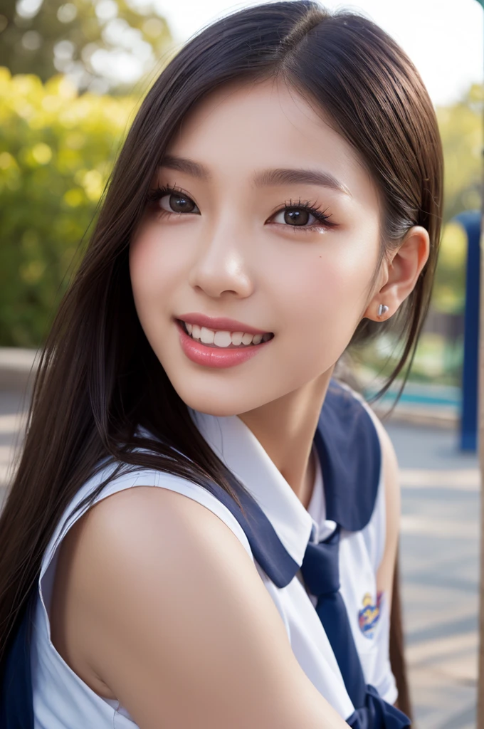(Ultra-Realistic Skin),((Highest quality, 8K, masterpiece: 1.3)), ((Bewitching Woman))、Voluptuous figure、((Japanese schoolgirl))、Bobcut, Ultra detailed face, Highly detailed lips, Detailed eyes, Droopy eyes 、Big nipples、1 woman、Red Lip、Drooping eyes、((Heavy makeup))、(Very shiny skin)、((Wearing a high school uniform))、spotless face、((とてもMoist Skin))、A ruddy face、Thick lips、Dark Eyes、Plump Che(Moist Skin))、Provocative smile、Invisible angle、(Angle above the knee)、School playground、Brown Skin、