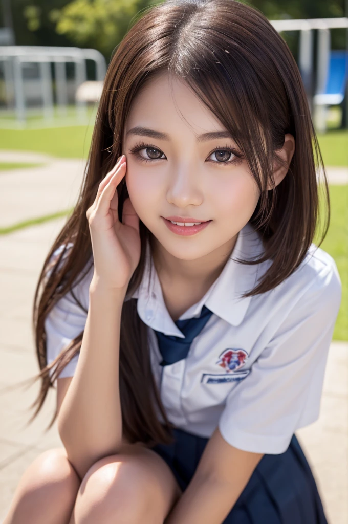 (Ultra-Realistic Skin),((Highest quality, 8K, masterpiece: 1.3)), ((Bewitching Woman))、Voluptuous figure、((Japanese schoolgirl))、Bobcut, Ultra detailed face, Highly detailed lips, Detailed eyes, Droopy eyes 、Big nipples、1 woman、Red Lip、Drooping eyes、((Heavy makeup))、(Very shiny skin)、((Wearing a high school uniform))、spotless face、((とてもMoist Skin))、A ruddy face、Thick lips、Dark Eyes、Plump Che(Moist Skin))、Provocative smile、Invisible angle、(Angle above the knee)、School playground、Brown Skin、
