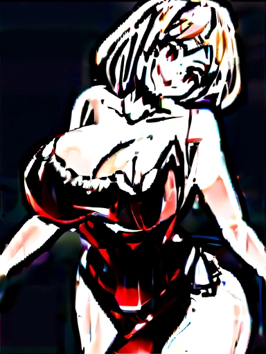 (extremely detailed CG, best quality:1.1), 1girl, huge breasts, perfect face, bright pupils, (finely detailed beautiful eyes:1.1), shiny skin, lustrous skin, wide hips, narrow waist, short hair, blonde hair, red eyes, cleavage, black gloves, black thighhighs, fur trim, dress, bare shoulders, garter straps, choker, side slit, white high heels, sharp teeth, smirking, breast spilling out from the dress, Denji from chainsaw man female version, almost naked