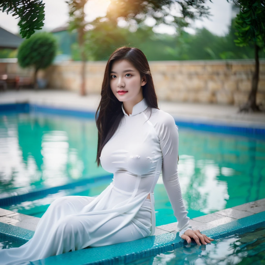 big breasts, round breasts, wearing bra inside ao dai, slim figure, beautiful figure, big breasts, long straight hair, ((sharp 8k quality photo)), ((details of beautiful, sharp face, face balanced) for)), ((beautiful breasts, exposed cleavage, plump body), ((beautiful sparkling eyes, sharp eye details, beautiful face, balanced eyes)), sitting at the pool, all wet body, there are many people in the pool, it's raining, there's a rainbow((super beautiful body with high details, tight body, big bust and slim waist)), ((round breasts))