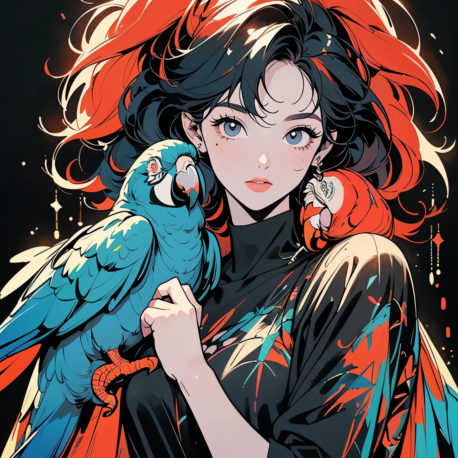 (((Beautiful bird with One woman))), (((only one Very large parrot on your shoulder))), Brilliant, Super detailed face and eyes, Dripping Paint, (((Perfect bird))), Complex, wonderful, Fantastic, Gold leaf trim, Magic, Masterpiece Painting, Super detailed, Enchanting, Enchantingな, intense, Scattered Light, constructed using the golden ratio, Awards, Perfect composition, Ultra HD, 8K, Realistic, Very detailed, One woman, (((finger to mouth))),(((perfect finger)),(((perfect hand)), black background, (((splattering Colorful Paint))), black dress, hair flutters,(((only one colorful perfect parrots))),(((pale red hair)))