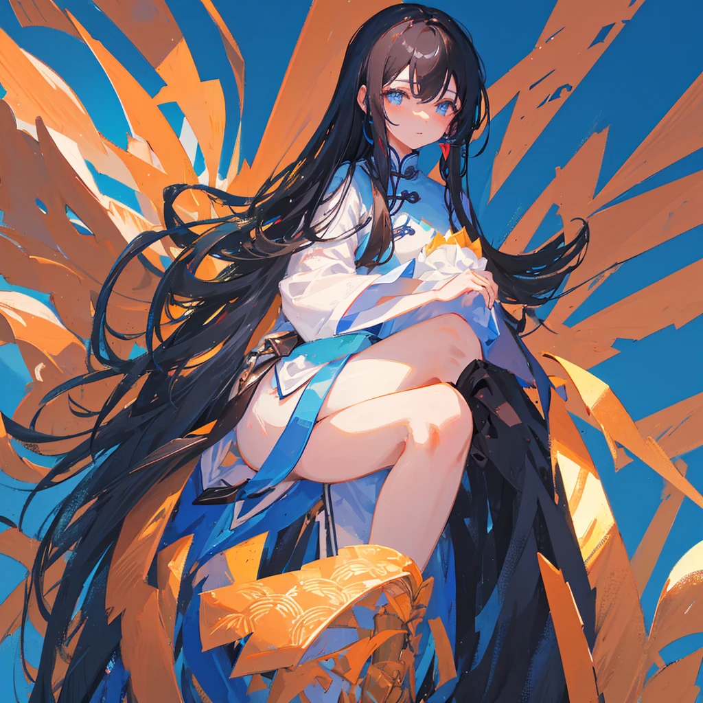 A Chinese woman,Black hair,((Pure blue background))