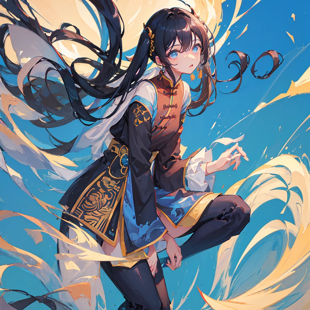 A Chinese woman，Black hair，((Pure blue background))