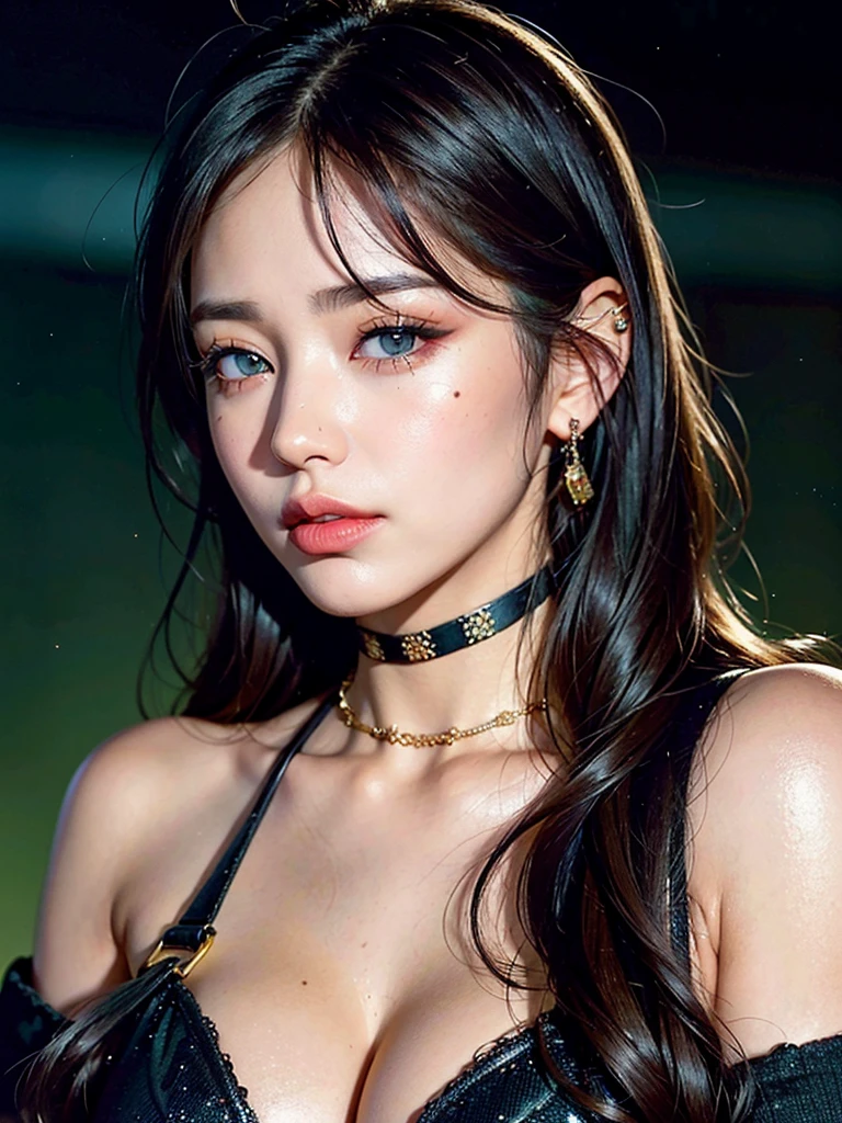 1girl, alone, solitary, high quality, (best quality,4k,8k,highres,masterpiece:1.2),ultra-detailed,(realistic,photorealistic,photo-realistic:1.37),gorgeous hair,black hair,long hair with curls and bangs,sharp eyes,mole under the eye,plump lips,jewelry,(high detailed skin:1.4),(rim lighting:1.3),(lit:1.3),(sunny day:1.3),portrait,beautiful lips,waist-length hair,seductive gaze,moles,casual clothes,colorful clothing,close up,super long hair,choker necklace,light blue eyes,bangs,fringe,dimples on the cheeks,dimples,jet black hair,darkhair,dark black hair,black,red lips,red lipstick,round lips,round pouty lips,pouty lips,douyin makeup,sparkly makeup,glitter,contact lenses,blue,green,pink,purple,wine red,highlights,colored highlights,piercings,gems,glitter,lipstick,lip gloss,ice blue eyes
