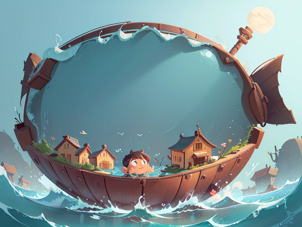 卡通Boat，Surrounded by beautiful sea,This illustration is a 4K high-definition illustration，Cartoon Style，卡通Boat，Boat，The details are clear，(Boat和图比例3：1),No characters，