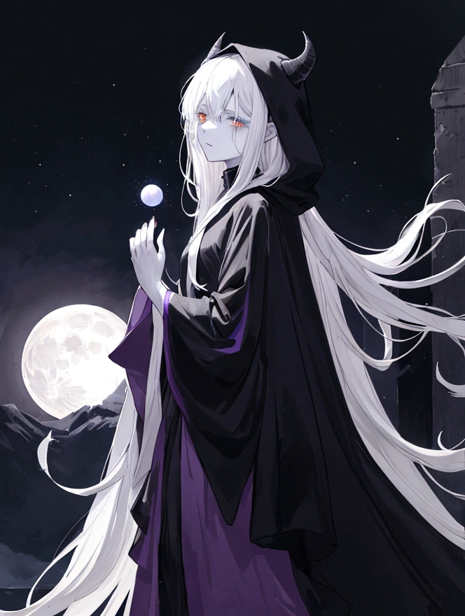Once a truthful killer of souls. A man dressed in a black robe with a hood. He looked like something sent by darkness itself. He had pale skin like a demon. White Beast Eyes carrying a cold stare like a monster who doesn't care about emotions. White long hair that even his breath was afraid of. He was seen against the backdrop of the crumbling moon, which the sky carried on its palms. He held in his right hand a fruit that was blue and purple and looked like something that would save the world, he made a movement as if he wanted to bite it but didn't, just holding it like that. And all this in the silent darkness of the night sky from which only the moonlight reflected, and the fruit.