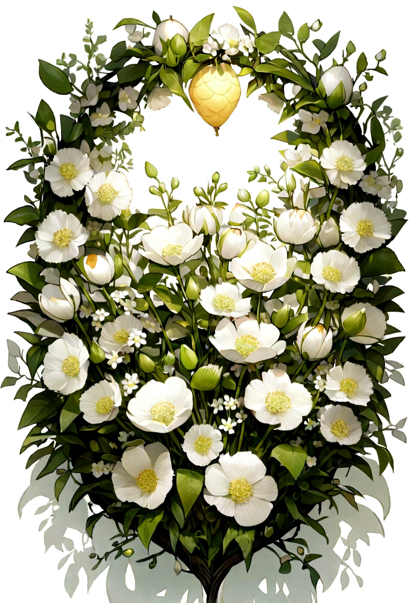 This picture is a white pomelo flower with six petals, a yellow stamen in the middle, and green leaves around it. It is fresh, pure, and elegant. The pomelo flower is white with green buds, a white background, six petals, a white heart, and clustered flowers. The buds are on the outside and the flowers are in the middle.