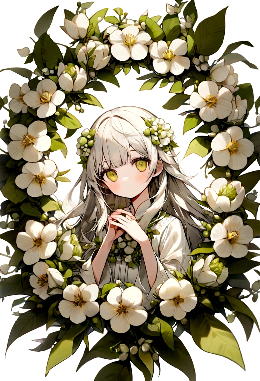 This picture is a white pomelo flower with six petals, a yellow stamen in the middle, and green leaves around it. It is fresh, pure, and elegant. The pomelo flower is white with green buds, a white background, six petals, a white heart, and clustered flowers. The buds are on the outside and the flowers are in the middle.