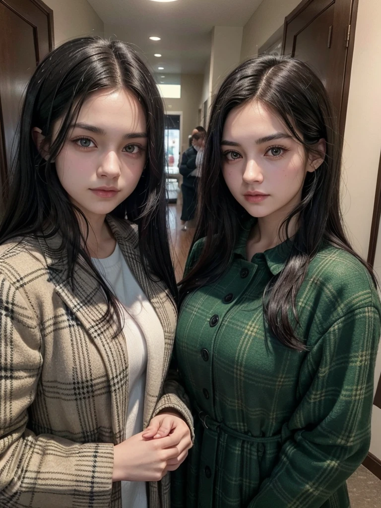 the man has black hair and green eyes, He has a checkered jacket and the woman has black hair and brown eyes with a red dress. They are approximately 20 years old and are very handsome. They are Americans. 