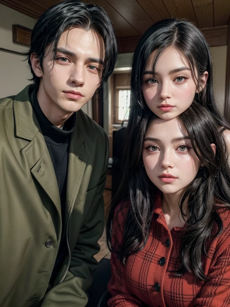 the man has black hair and green eyes, He has a checkered jacket and the woman has black hair and brown eyes with a red dress. They are approximately 20 years old and are very handsome. They are Americans.