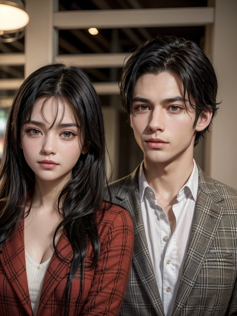 the man has black hair and green eyes, He has a checkered jacket and the woman has black hair and brown eyes with a red dress. They are approximately 20 years old and are very handsome. They are Americans. 