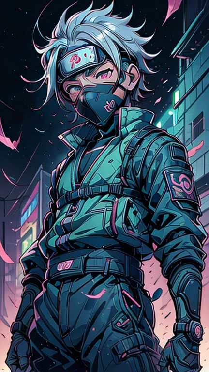 (8k),(masterpiece),(Japanese),(8--old ),((innocent look)),((Childish)),From the front,smile,cute,Innocent,Kind eyes,Flat chest, Hatake Kakashi,mask,short,Hair blowing in the wind, Silver Hair,Strong wind,night,dark, Neon light Cyberpunk Konoha Village