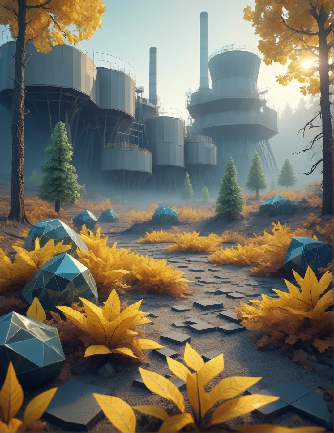 Low poly alien forest 3D game concept scenery with Voronoi shaped blocks on the ground, voxel-based landscape, plantas lowpoly complexas, Translucent bioluminescent materials, warm yellow leaves, (Voronoi Standard, Depth of field, (wavy bokeh:1.225), (Kodak porta 400:0.875) :1.3), (realistic complex abandoned nuclear power plant background:1.1), shiny glass, (turbulent fog on the ground, surreal morning lights:1.25), Remarkable masterpiece, heavenly, ethereal, epic, magic light flames, Soft and dreamy natural lighting, ((cold blue and deep carbon:0.7), (cinematic appearance:1.1), ideal fingers:1.3)