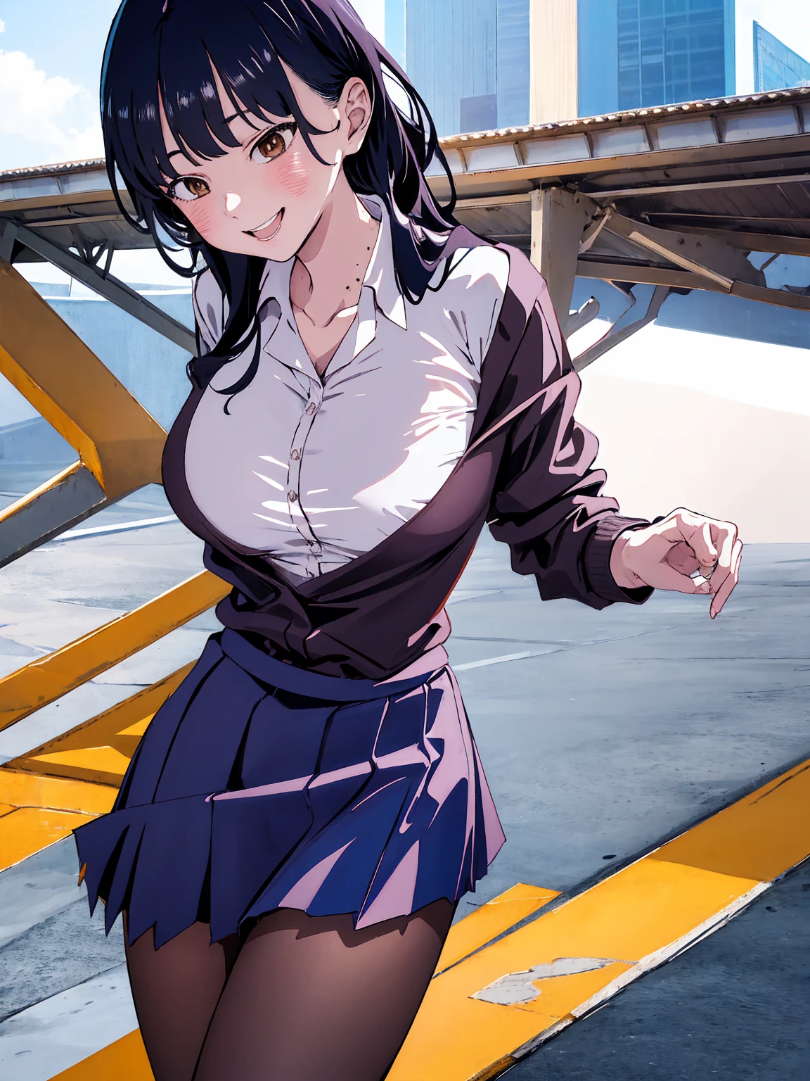 masterpiece, Highest quality, High resolution, Official Art, Anime Face, Long Hair, Brown eyes, clavicle, Collared shirt, White shirt, Rolled up my sleeves, Pleated skirt, Blue Skirt, mini skirt, smile, Outdoor, masterpiece, Absurd, Super detailed, Anna Yamada, One girl, alone, Long Hair, blush, (Large Breasts, Big Breasts), Black Hair, Long sleeve, Brown eyes, , Jacket, Collared shirt, (Realistic:0.35、 Powerful laughter), blush, smile, Powerful laughter