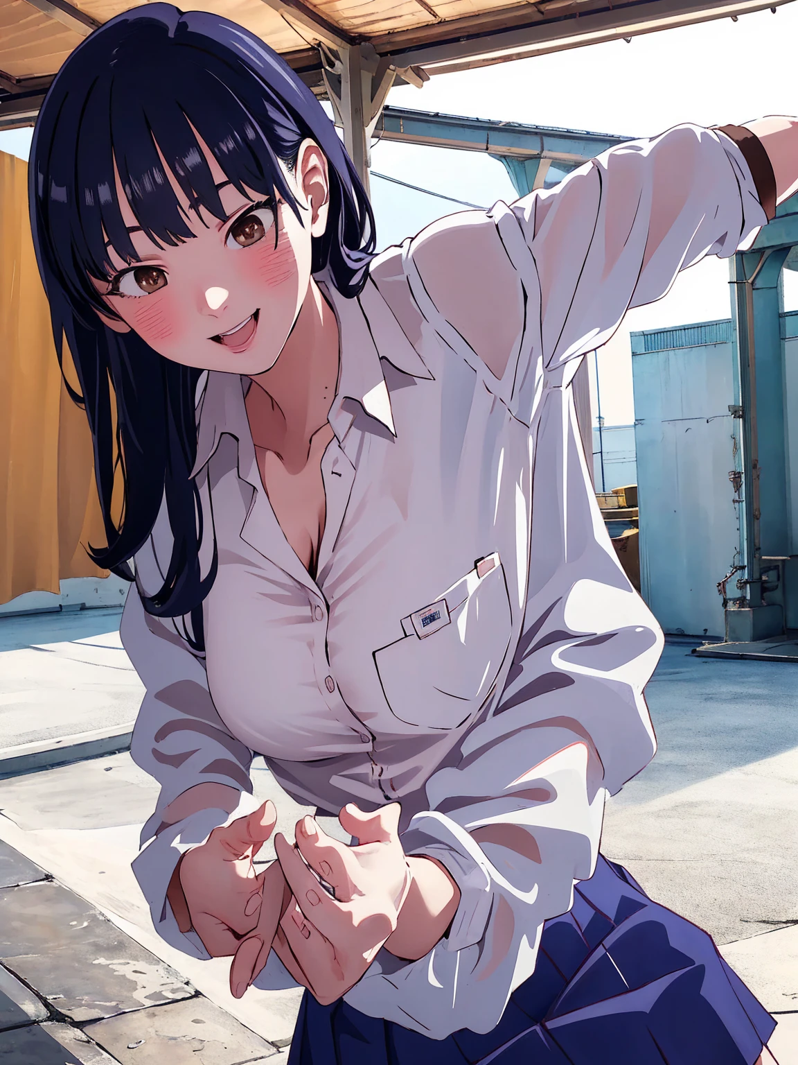 masterpiece, Highest quality, High resolution, Official Art, Anime Face, Long Hair, Brown eyes, clavicle, Collared shirt, White shirt, Rolled up my sleeves, Pleated skirt, Blue Skirt, mini skirt, smile, Outdoor, masterpiece, Absurd, Super detailed, Anna Yamada, One girl, alone, Long Hair, blush, (Large Breasts, Big Breasts), Black Hair, Long sleeve, Brown eyes, , Jacket, Collared shirt, (Realistic:0.35、 Powerful laughter), blush, smile, Powerful laughter
