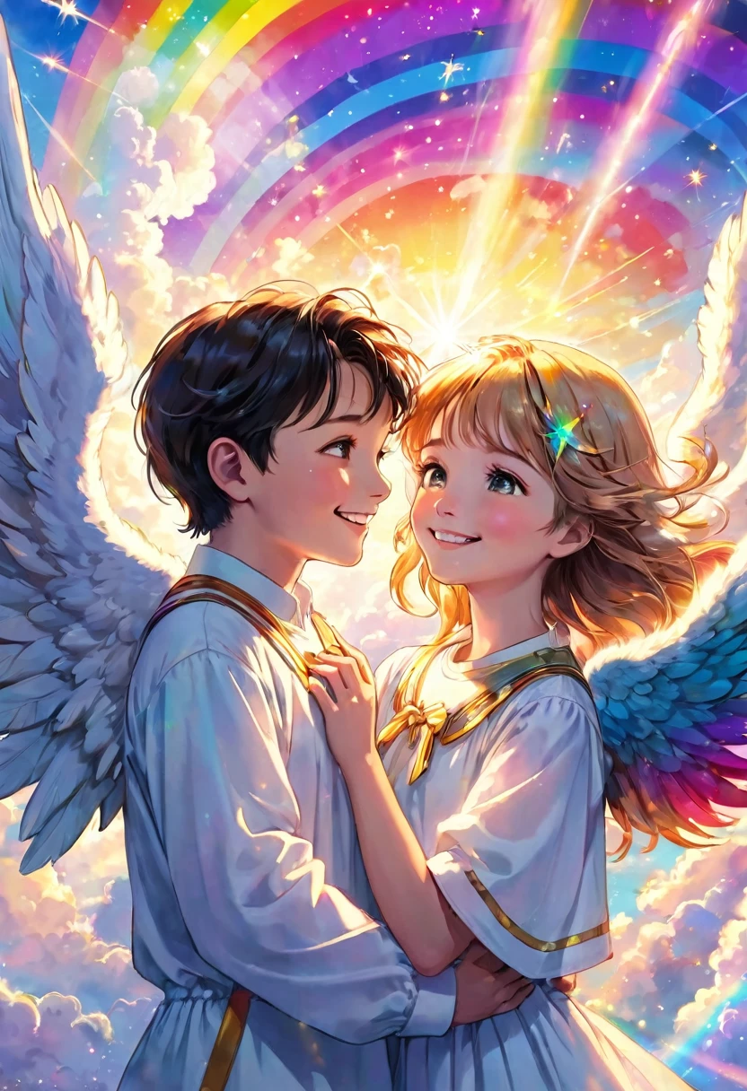 Close-up of an angels smiling, boy and girl, love, healing, clouds, heaven, shooting stars, big rainbow colored light