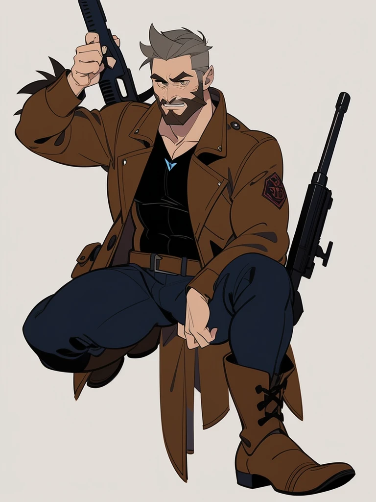 lone Male, Human, White short hair, fit build, leather brown jacket, full body, gray hair and brown full beard, holding a gun in one hand.