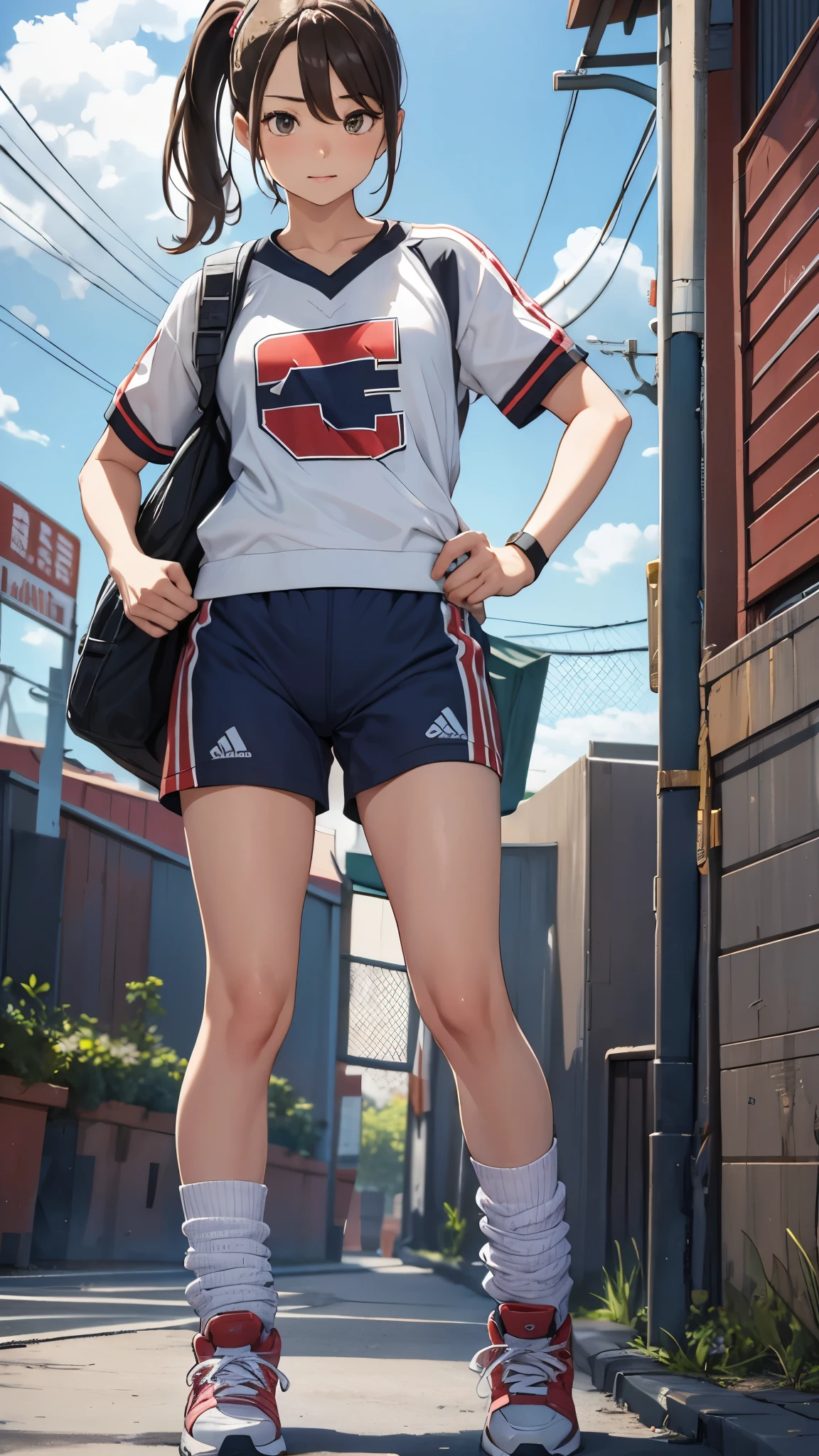 One 17 years old girl,ponytail hair,brown hair,((jersey,sports style)),rage,slender body,socks,sneakers.