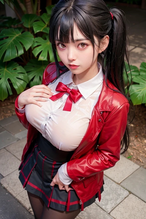 school girl was sprayed with water , school girl Was sprayed with water , jk school girl in tropical rainforest , steam , waistband of skirt is at the point above chest , Tight shirt , white Shirt , school girl , skirt under breasts , skirt is near breasts area , skirt is adjacent to the chest , jabami yumeko, black hair, long hair, blunt bangs , red jacket, shirt, black skirt , big breasts , pikkyyumeko pikkyyumeko, 1girl, solo, looking at viewer, black hair, bangs, blunt bangs, long hair, very long hair, hime cut, red eyes, glowing eyes, breasts, large breasts, , shirt, red jacket, jacket, white shirt, collared shirt, lips, blazer, black pantyhose, mary janes,  full body , red knot , red bow , twin tails hair