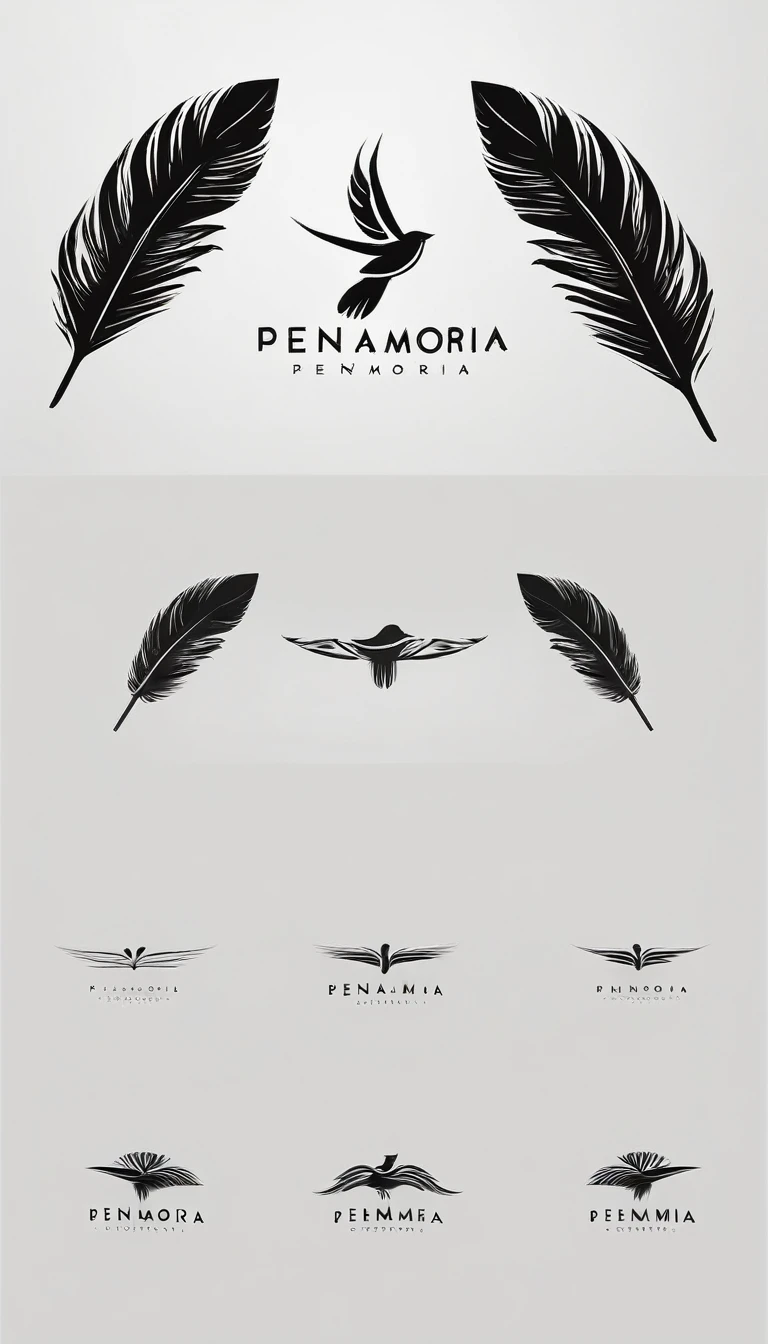 A minimal, modern, simple, cinematic logo design for the brand “Penamemoria". Create a modern, minimalistic, high-quality, logo of a bird feather
