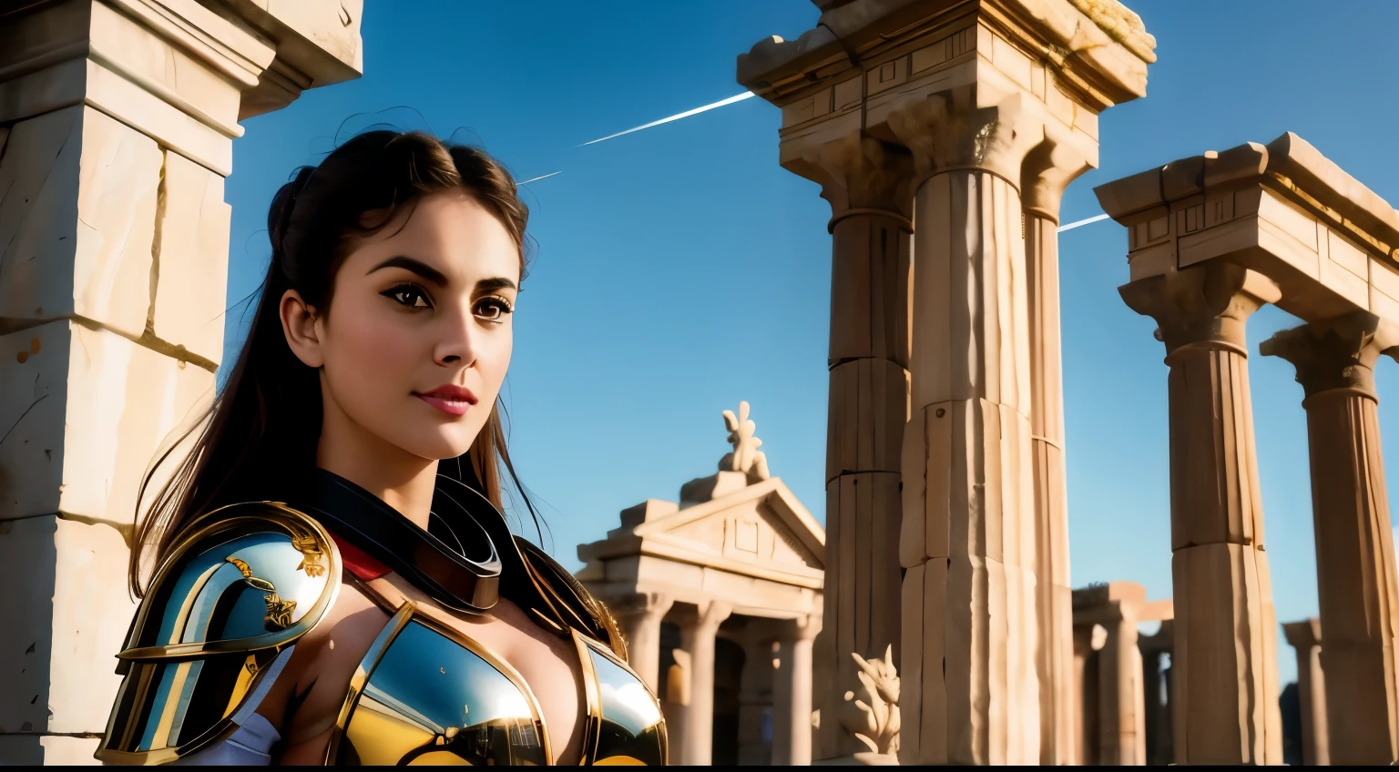 (HDR:1.2) best quality, 4k, 8k, (ultra high resolution), (HD photo:1.6), (sharp focus), (Kodak Portra 400 film), Close-up of a young woman with a costume inspired by a Roman soldier, (perfect face, perfect body, perfect ???????) armor, sword, posing in front of the viewer in front of a Roman temple( sexy, body perfect,)