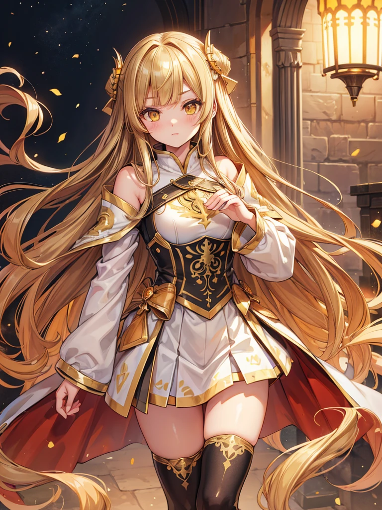 (hime cut:1.4),long hair,(bronde hair:1.4),
embroidery breastplate ,metal accent cape,thighhighs,high_leg,long_bronde_hair,beautiful_hair,yellow_eyes,beautiful_eyes,1_beautiful_girl,cute_face,beautiful_face,beautiful,best_quality,good_anatomy