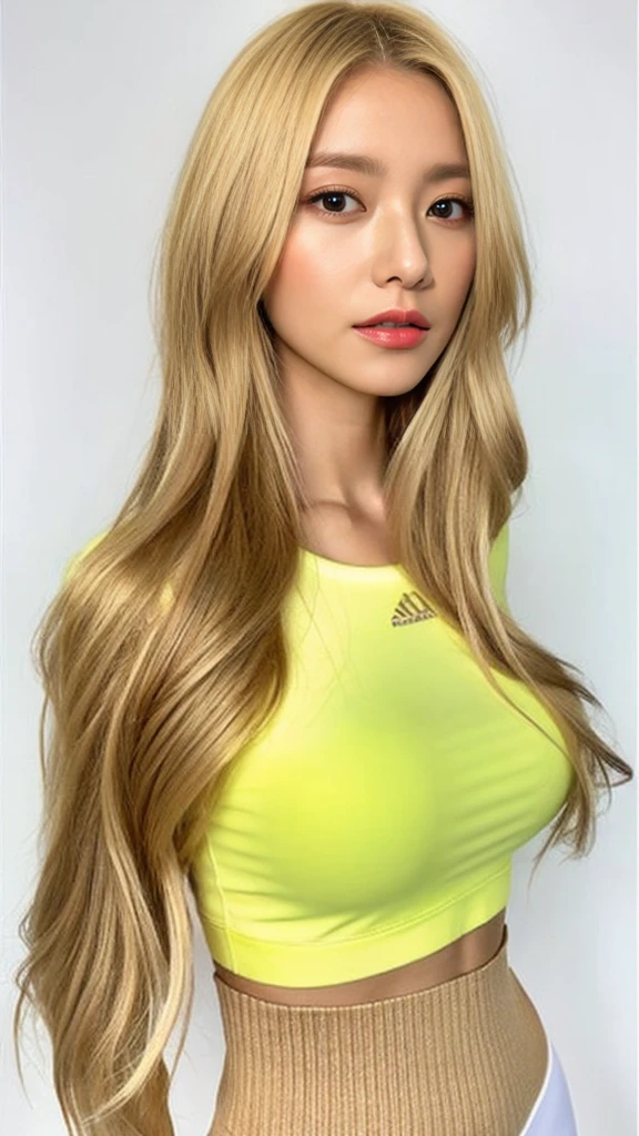 Beautiful woman,Long blonde hair,Chinese Dollar,Wear a tan top and leggings, Tight-fitting shirt, Wear a tight sweatshirt, Soft light from the side, Beautiful blonde girl, Sexy girl nipples, 2 4-year-old female model, Attractive girl, Blonde Goddess, Blonde girl, Lateral posture, White sweater, Attractive pose, Sexy Looks, Natural light background, White top, poses for leisure, Tight clothes and leggings