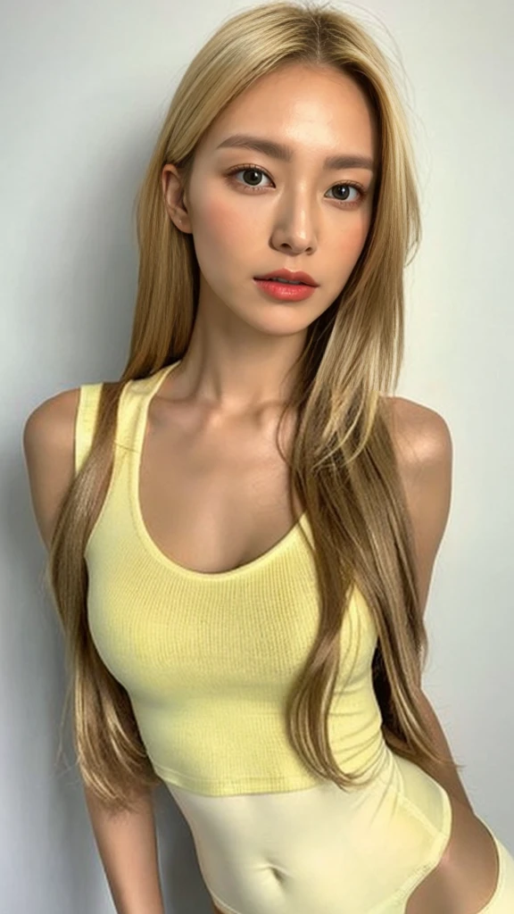 Beautiful woman,Long blonde hair,Chinese Dollar,Wear a tan top and leggings, Tight-fitting shirt, Wear a tight sweatshirt, Soft light from the side, Beautiful blonde girl, Sexy girl nipples, 2 4-year-old female model, Attractive girl, Blonde Goddess, Blonde girl, Lateral posture, White sweater, Attractive pose, Sexy Looks, Natural light background, White top, poses for leisure, Tight clothes and leggings