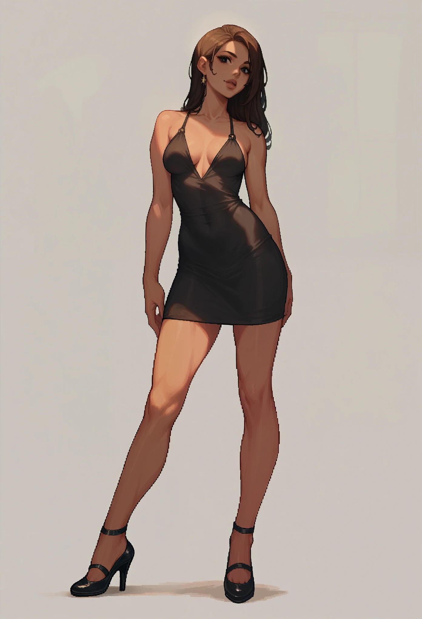 score_9, score_8_up, score_7_up, score_6_up, detailed pixel art of a woman, brown, smooth skin, black eyes, long dark brown hair, full lips, slender physique, black skater dress, black heels