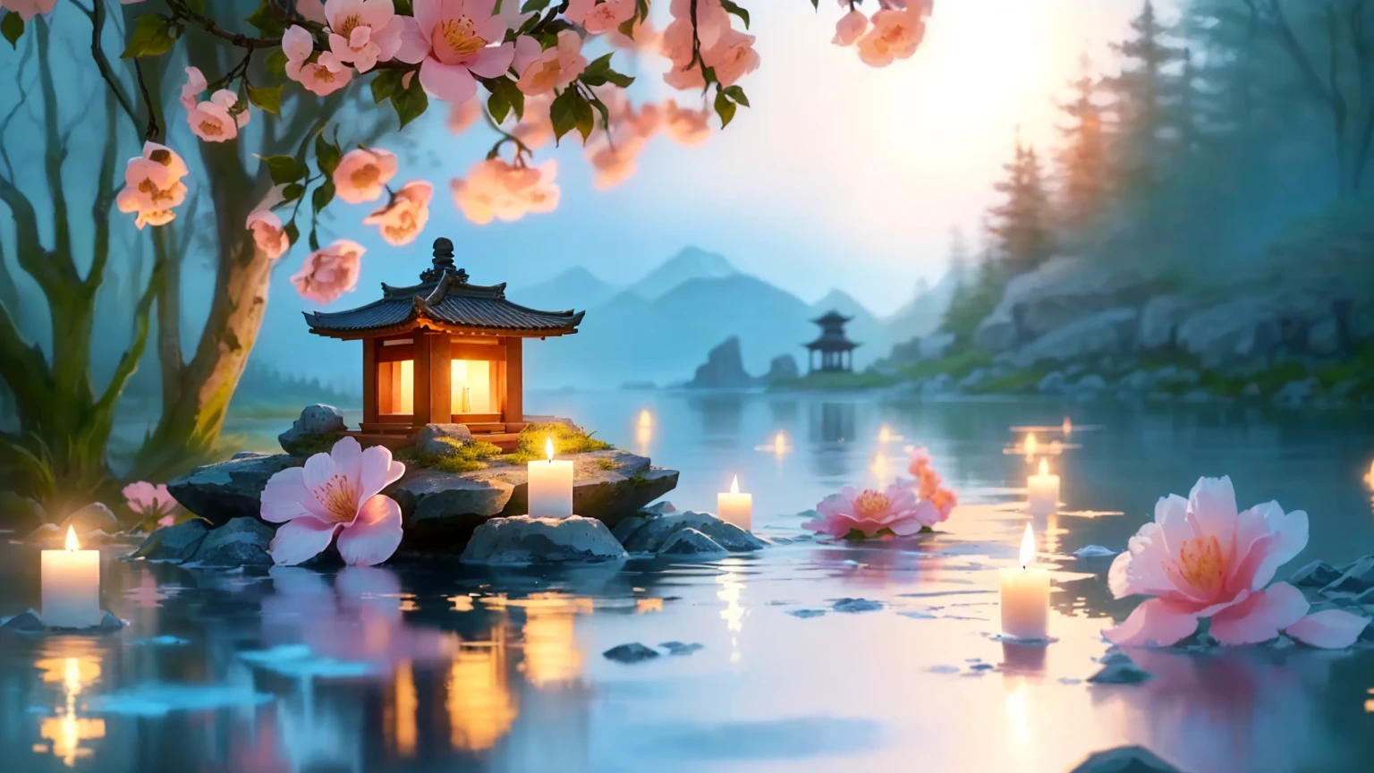 A small tower with a candle on a rock in the water, Beautiful background, Zen temple background, Beautiful Wallpapers, High-resolution wallpapers, Very beautiful photos, Peaceful and serene, Relaxed atmosphere, Calm evening atmosphere, Peaceful atmosphere, Zen Nature Background, Quiet and peaceful atmosphere, Beautiful peaceful scene in anime, The setting is blissful wallpaper, Very peaceful mood, relaxed mood