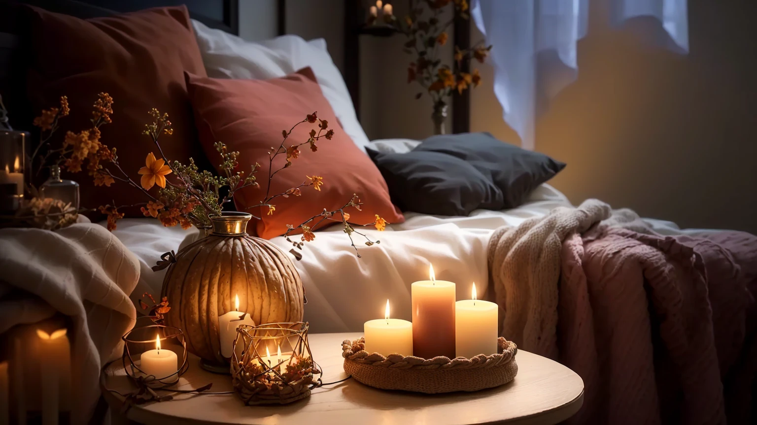 There are flowers in a vase on the table、The candle is lit, Cozy candlelight, Candlelit, Cozy and quiet atmosphere, Warm and beautiful scenery, Cozy atmosphere, Warm and cozy colors, Relaxed atmosphere, Soft autumn sunshine, Cozy atmosphere, Cozy home background, Beautiful atmosphere, Light a candle, Cozy atmosphere, Cozy atmosphere, During the fall, room full of candles