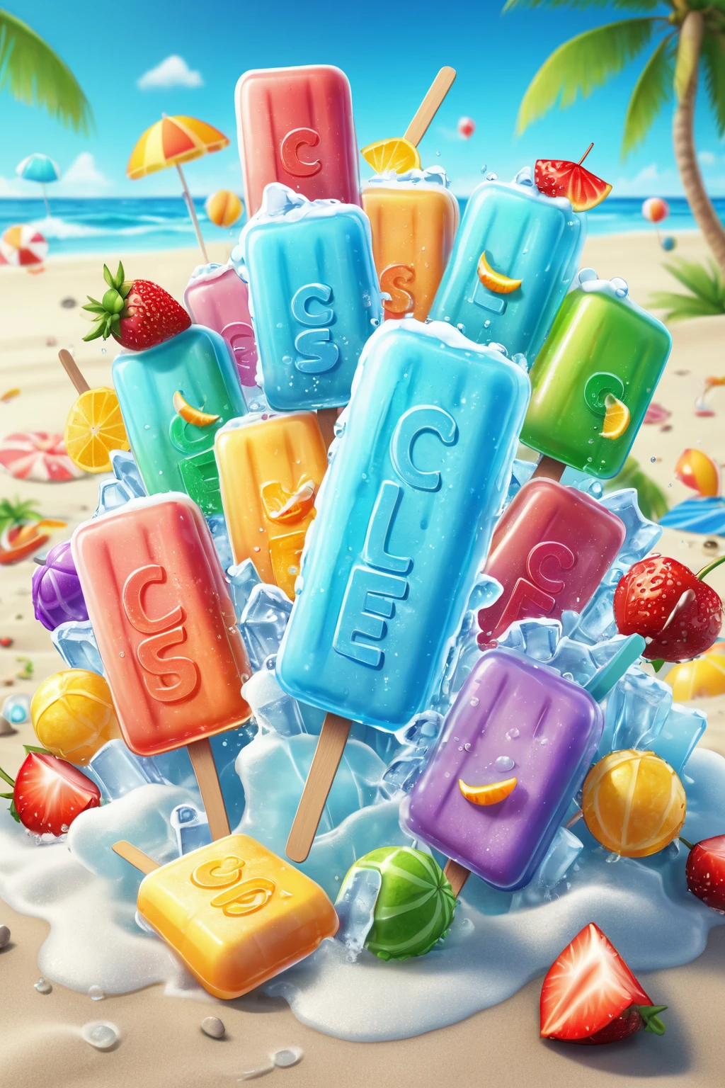 ice lolly text, cartoony, low dimension ice cubes, summer beach background, Special features, Octane rendering and blender, hyper quality, clear features, Ultra HD and 8K resolution,Fresh hand drawn illustration