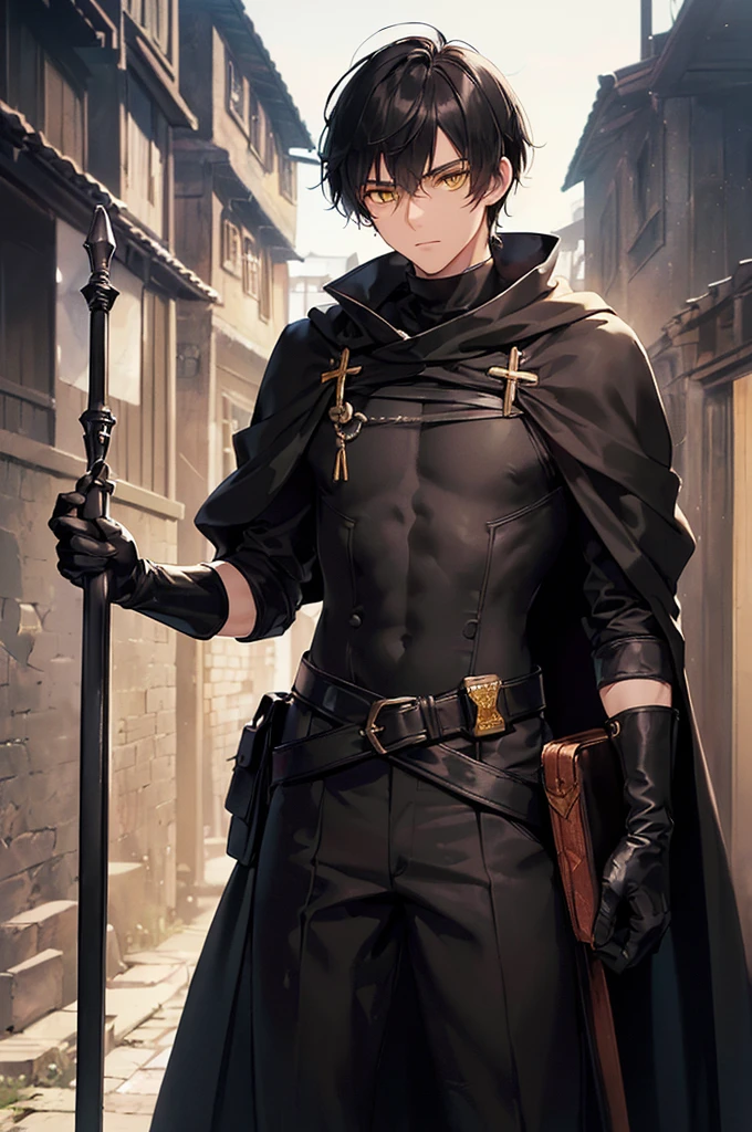 (masterpiece; best quality: 1.2), (finely detailed eyes: 1.3), ((25 year old man)), ((solo)), (yellow eyes: 1.4), (body; lithe, lean, slender: 1.3), (very short black hair: 1.3), (beautiful and clear background: 1.2), ((depth of field)), (clothes: black assassin attire + black high-neck tunic + black pants + black gloves + black cloak + belts + traveler pouches and satchel: 1.3), (anime illustration: 1.2), (background; medieval slums alleyway + night: 1.1), (extremely fine and handsome: 1.1), (shot composition; standing + centered on torso + close-up: 1.5), (expression; calm, stoic: 1.2)