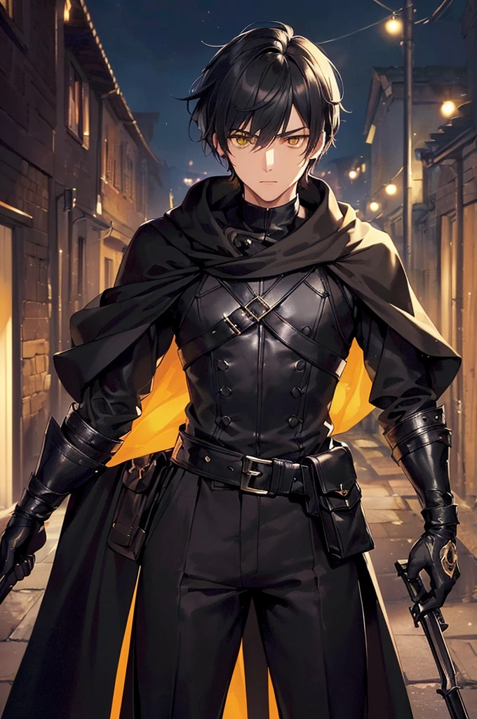 (masterpiece; best quality: 1.2), (finely detailed eyes: 1.3), ((25 year old man)), ((solo)), (yellow eyes: 1.4), (body; lithe, lean, slender: 1.3), (very short black hair: 1.3), (beautiful and clear background: 1.2), ((depth of field)), (clothes: black assassin attire + black high-neck tunic + black pants + black gloves + black cloak + belts + traveler pouches and satchel: 1.3), (anime illustration: 1.2), (background; medieval slums alleyway + night: 1.1), (extremely fine and handsome: 1.1), (shot composition; standing + centered on torso + close-up: 1.5), (expression; calm, stoic: 1.2)