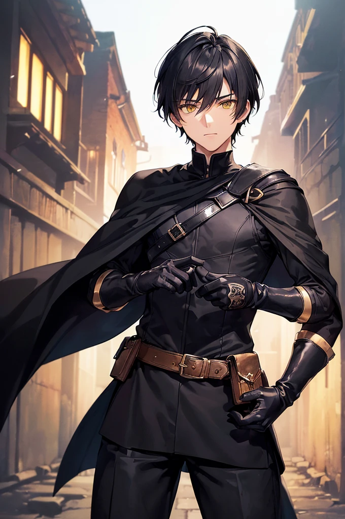 (masterpiece; best quality: 1.2), (finely detailed eyes: 1.3), ((25 year old man)), ((solo)), (yellow eyes: 1.4), (body; lithe, lean, slender: 1.3), (very short black hair: 1.3), (beautiful and clear background: 1.2), ((depth of field)), (clothes: black assassin attire + black high-neck tunic + black pants + black gloves + black cloak + belts + traveler pouches and satchel: 1.3), (anime illustration: 1.2), (background; medieval slums alleyway + night: 1.1), (extremely fine and handsome: 1.1), (shot composition; standing + centered on torso + close-up: 1.5), (expression; calm, stoic: 1.2)