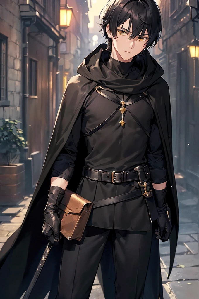 (masterpiece; best quality: 1.2), (finely detailed eyes: 1.3), ((25 year old man)), ((solo)), (yellow eyes: 1.4), (body; lithe, lean, slender: 1.3), (very short black hair: 1.3), (beautiful and clear background: 1.2), ((depth of field)), (clothes: black assassin attire + black high-neck tunic + black pants + black gloves + black cloak + belts + traveler pouches and satchel: 1.3), (anime illustration: 1.2), (background; medieval slums alleyway + night: 1.1), (extremely fine and handsome: 1.1), (shot composition; standing + centered on torso + close-up: 1.5), (expression; calm, stoic: 1.2)