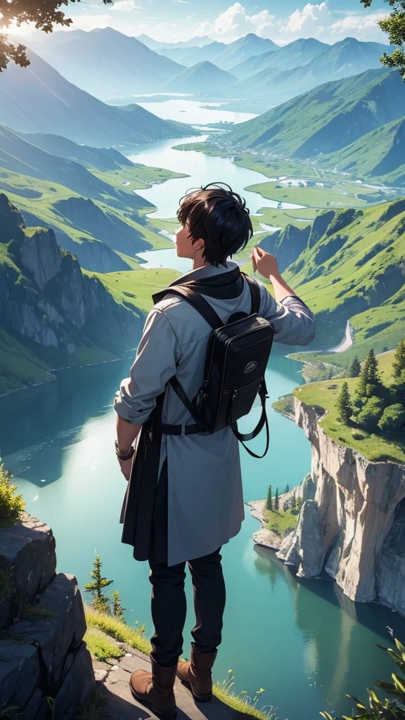 A young adult god, exploring the wonders of his own world, as he sightsees the amazing view of the land, as there was a lake, a forest, and mountains
