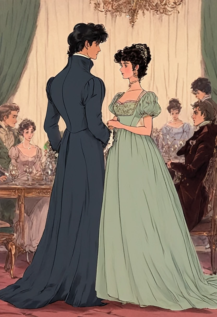 Very British English Regency 1797 to 1822 looks feels Very best quality, masterpiece , a very retro vintage kinda look feel 8K,High HD,higher rselutionHigh quality very anime semi realism Show a very English regency period young handsome looking couple male anf female show women in noeclassical loose kinda thin kinda almost greco romanesque style dress with high waist that has short kind very somewhat puffed sleeves in pastel shades and colors with a very regency period looking young man dashing kinda rakish very very dark night dark hair haired even very kinda Bridgerton/Jabe Austen kinda looks feels in Regency England drawing room settings classical British look feels with female women empire high waisted detailed dresses