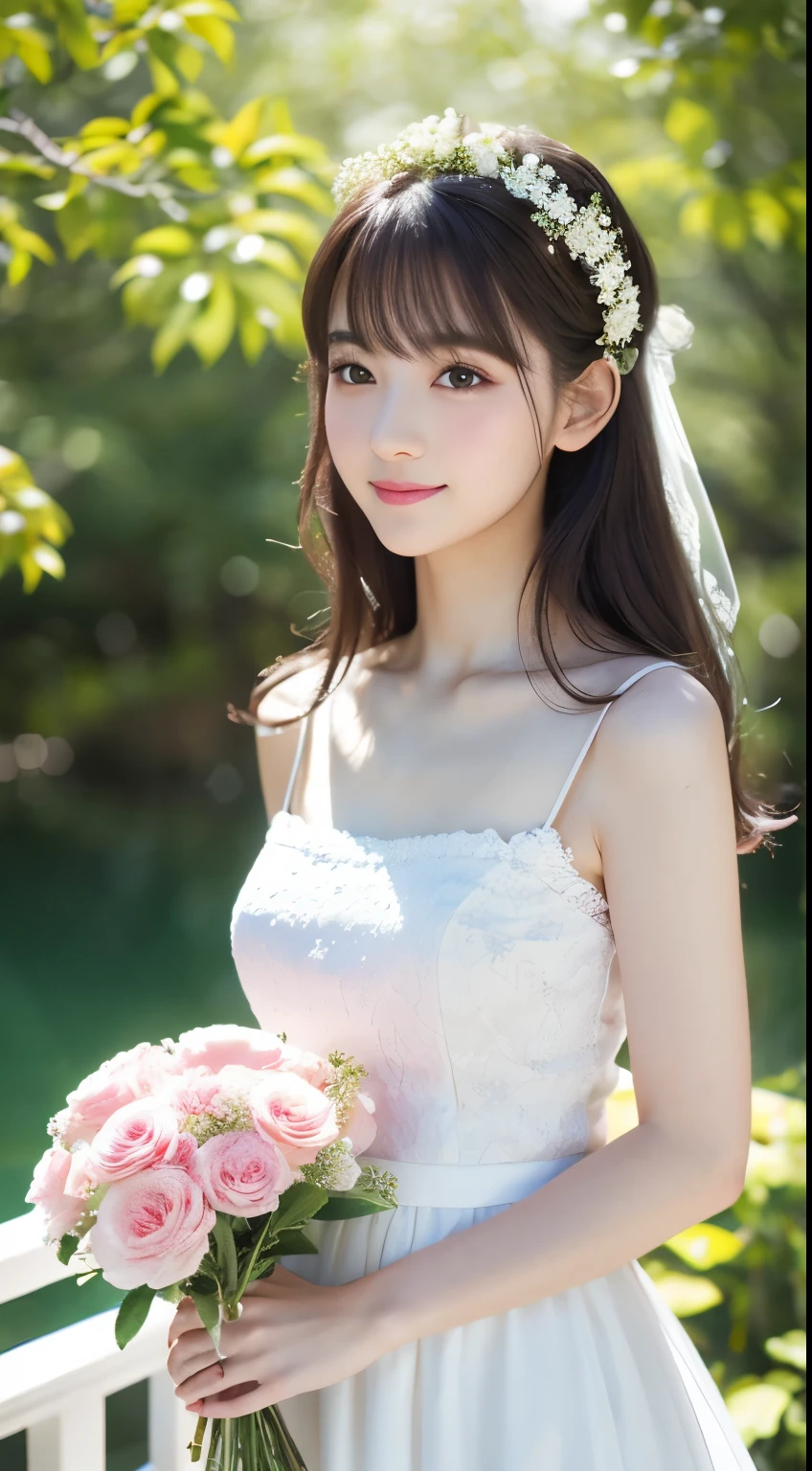 21 years old, Beautiful woman, Natural light, White Dress, Upper Body, Front view, (Highest quality, 8K, masterpiece), White flower, Delicate lace, bouquet, With bangs, A shy smile, (Embarrassing), looking at the camera, light makeup, Thin eyebrows, Natural Makeup, (light makeup), Thin eyebrows, Ultra-high resolution, Shiny skin, (Light on the cheeks), Closed lips, (Pale pink), Petals fluttering