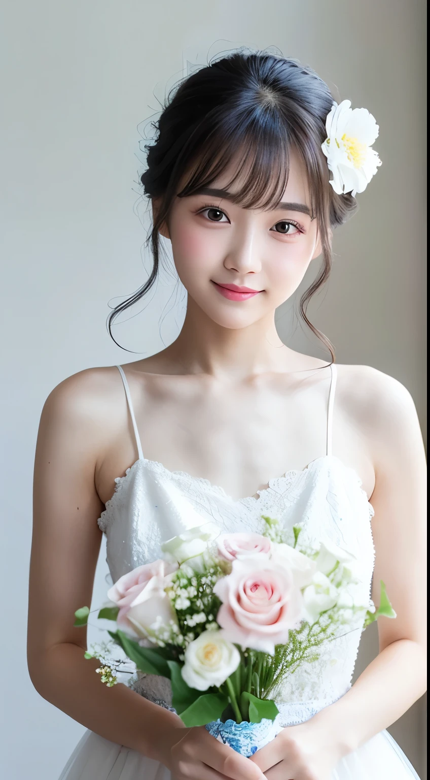 21 years old, Beautiful woman, Natural light, White Dress, Upper Body, Front view, (Highest quality, 8K, masterpiece), White flower, Delicate lace, bouquet, With bangs, A shy smile, (Embarrassing), looking at the camera, light makeup, Thin eyebrows, Natural Makeup, (light makeup), Thin eyebrows, Ultra-high resolution, Shiny skin, (Light on the cheeks), Closed lips, (Pale pink), Petals fluttering
