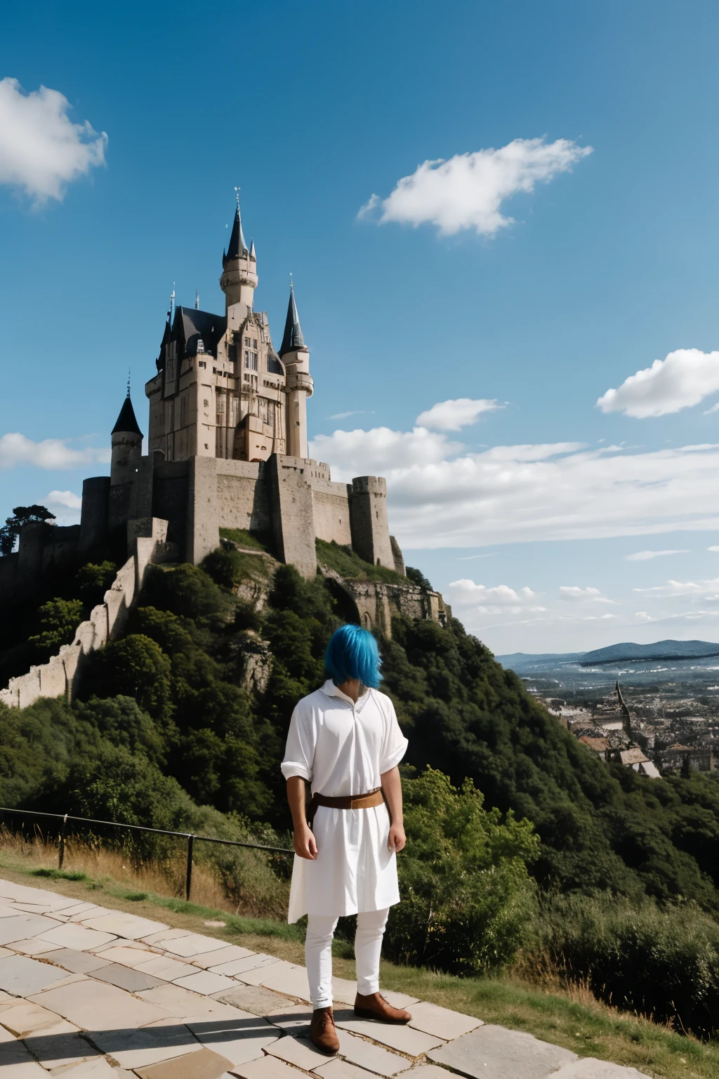 Physical features:
"I want the person to have white skin and blue hair.."
"Eyes should be a bright jade green."
"The person's build must be slim."
Clothing and clothing:
"He wears a brown tunic."
"Must have a white shirt visible under the tunic."
"The pants are gray."
Context and Environment:
"The background should be a castle visible behind the person."
"The person is standing in front of the castle, as if I were looking at him."
Additional details:
"If possible, that the image has a medieval or fantastic atmosphere."
"Lighting should be natural, with a clear or partly cloudy sky."
" anime style"