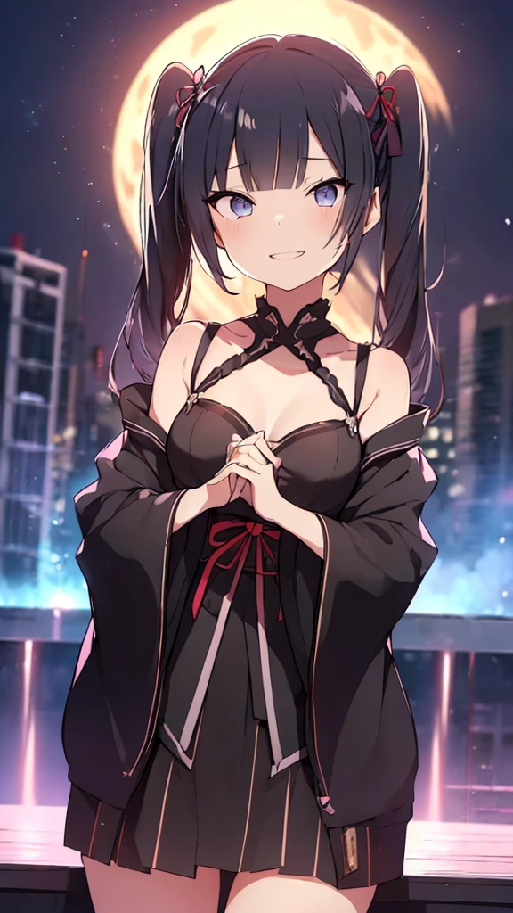 prompt（Re-adjusted version）
beautiful, masterpiece, Highest quality, HiqCG Body, anime, (1 Girl:1.5), (Small breasts:1.2), Portrait Shot, View your viewers, Wet Skin, Intricate details, Little Woman, Her eyes were shining like dreamy stars.,(Shining Eyes:1.3),(Beautifully detailed eyes:1.1)、[[Delicate fingers and hands:0.55]::0.85],(Detailed reference),(Thick black hair, Eyes are bright purple,(Sharp Eye:1.3), (tsurime:1.5), Twin tails,Straight Hair,(Asymmetrical bangs:1.2),(Blunt Bangs:1.3), (hairpin:1.2), Young face,Childlike,Small devil,Succubus,Vampire,Double teeth,Small corner),(kimono),Dynamic Pose,(yandere:1.1),(yandere smile:1.3),(smirk:1.3) ,Cleavage,High angle shot、(night:1.4)、(full moon:1.1),Focus on the chest,(Shake your head:1.2), Thick black hair, kimono, firework