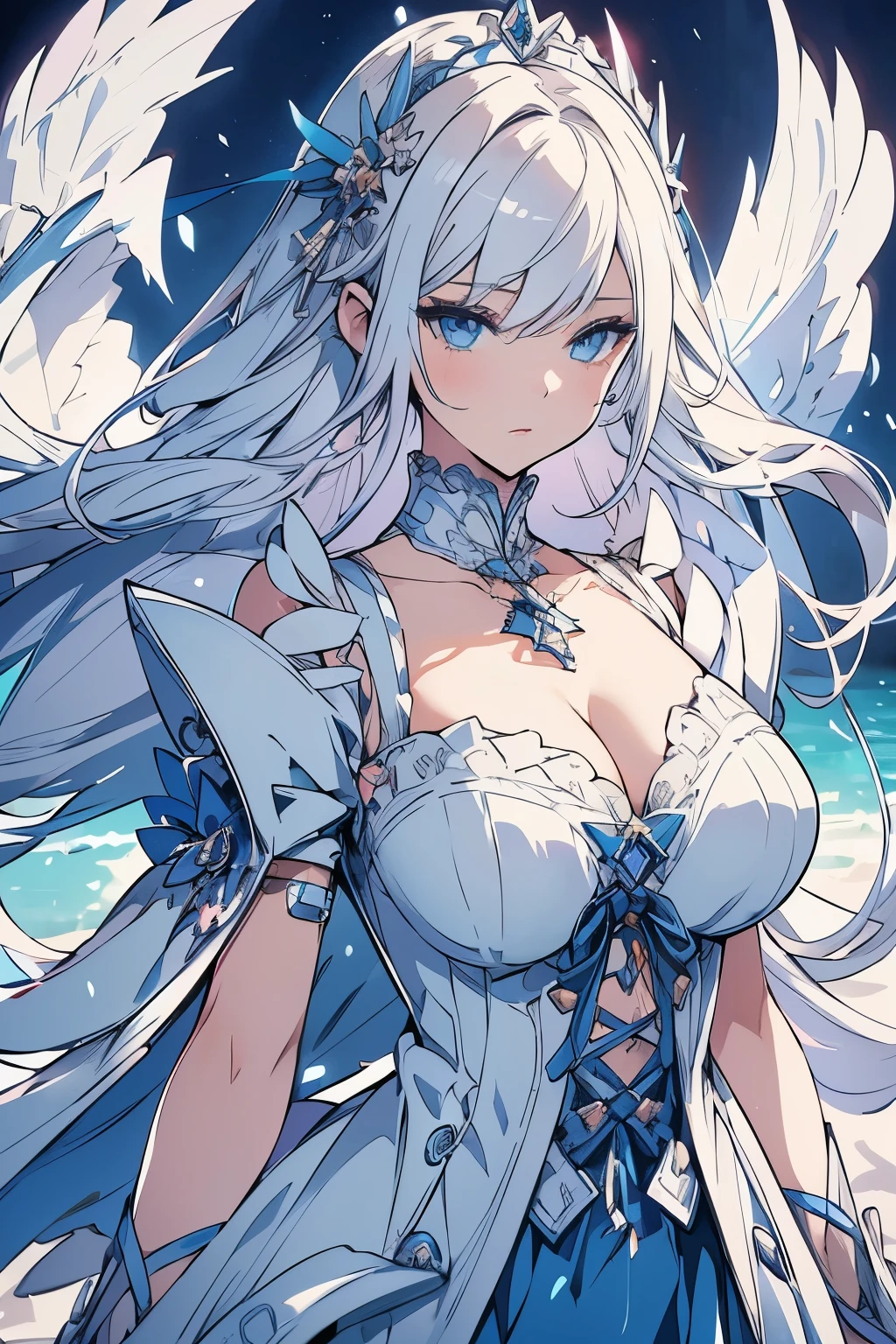 a beautiful anime girl, detailed face, detailed eyes, detailed lips, 1girl, white hair, blue eyes, open chest, revealing cleavage, detailed clothing, ribbons, lace, intricate designs, soft lighting, pastel colors, cinematic composition, (best quality,4k,8k,highres,masterpiece:1.2),ultra-detailed,(realistic,photorealistic,photo-realistic:1.37),vibrant colors,dynamic pose,elegant,delicate features,porcelain skin,volumetric lighting,depth of field,dramatic angle