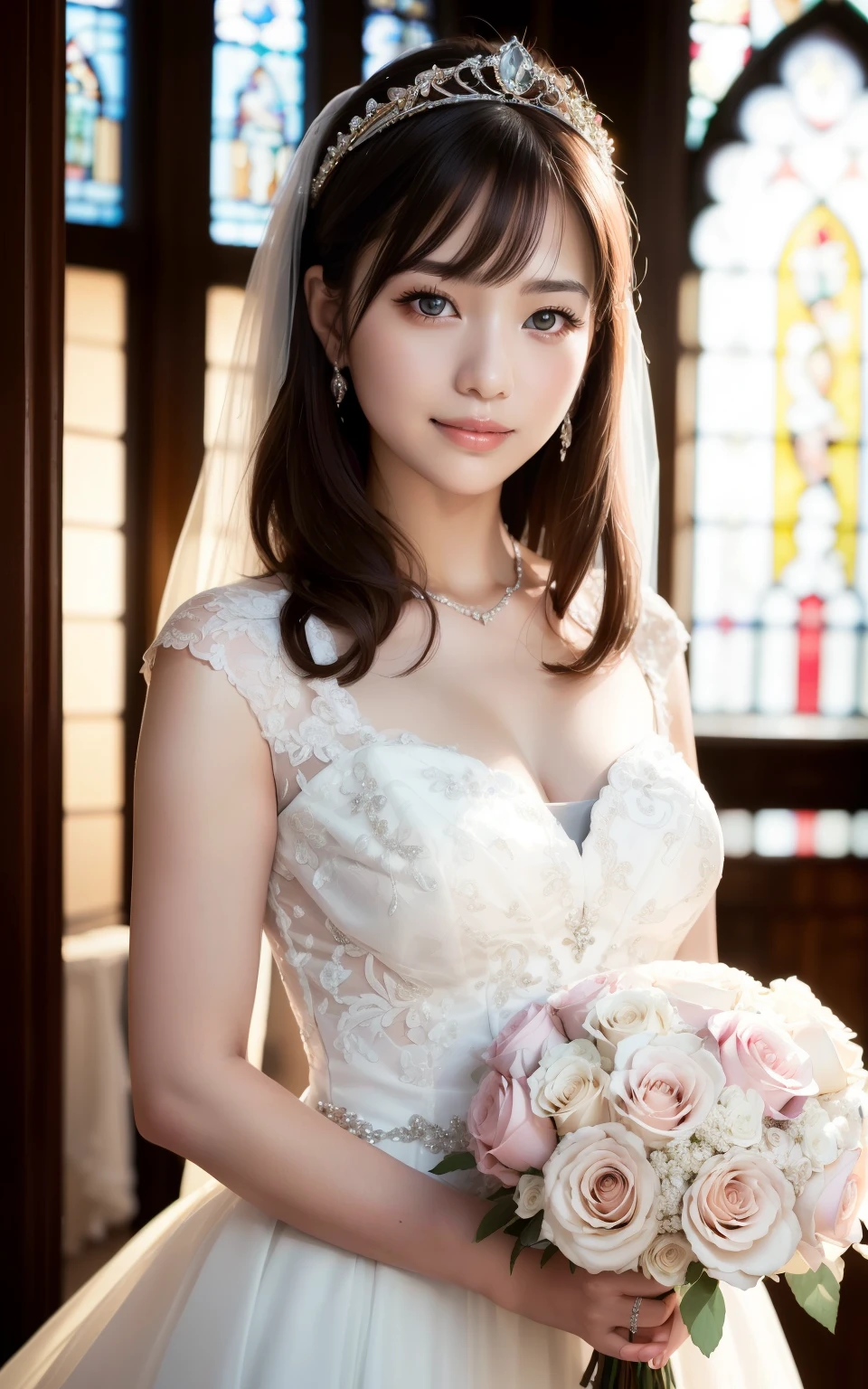 (Highest quality:1.5)、(Realistic:1.5)、(1 person:1.5)、(Medium Shot:1.5)、Very detailed、High resolution、8k wallpaper、、Regular milk、Natural color lips、Cute Smile、Japanese women、20-year-old girl、Beautiful and elegant face、Perfect and beautiful face、big, Balanced Eyes、Brunette's eyes、Beautiful and elegant face、Beautiful double eyelids、Natural Bangs、Beautiful thin nose、Beautiful Skin、Fair skin、(Medium Bob Hair)、Natural Bangs、Perfect and beautiful face、Slim face and figure、(Looking at the camera with a sweet smile)、Bright lighting、Professional Lighting、Forward lighting、Wedding dress、tiara、(白いオフショルダーのマーメイドラインのWedding dressを着て)、Beautiful stained glass church wedding、take a picture、Holding a bouquet of flowers in his right hand、