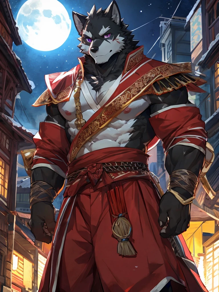 embedding:Black wolf，male, Purple eyes,Scar on the face, Single Person,black fur.Broken eyebrow,tramp Samurai,Samurai suit,Ancient style,With a samurai sword at his waist.Handsome,Muscular,Tall,Serious,Night,Best quality hands, best quality eye，detailed fur，Delicate eyes.Extreme picture quality，by sollyz,by zixiong,by milkytiger1145