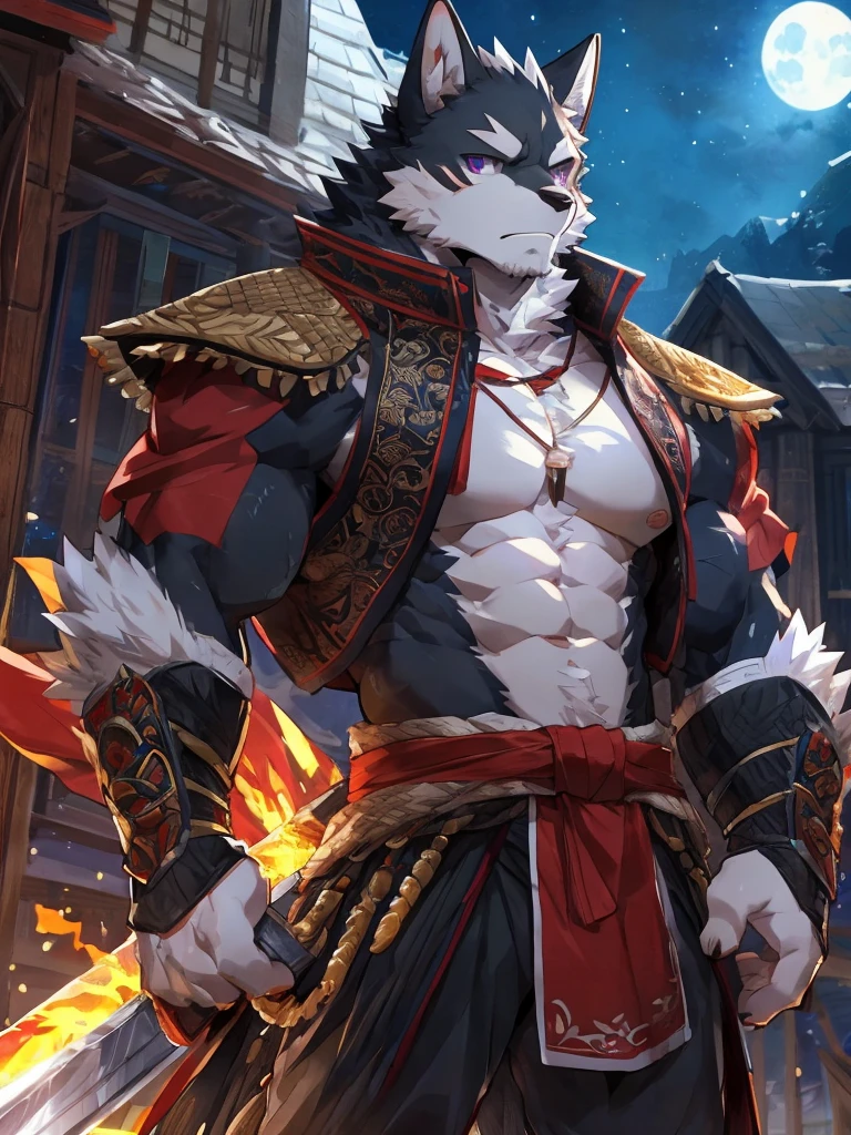 embedding:Black wolf，male, Purple eyes,Scar on the face, Single Person,black fur.Broken eyebrow,tramp Samurai,Samurai suit,Ancient style,With a samurai sword at his waist.Handsome,Muscular,Tall,Serious,Night,Best quality hands, best quality eye，detailed fur，Delicate eyes.Extreme picture quality，by sollyz,by zixiong,by milkytiger1145